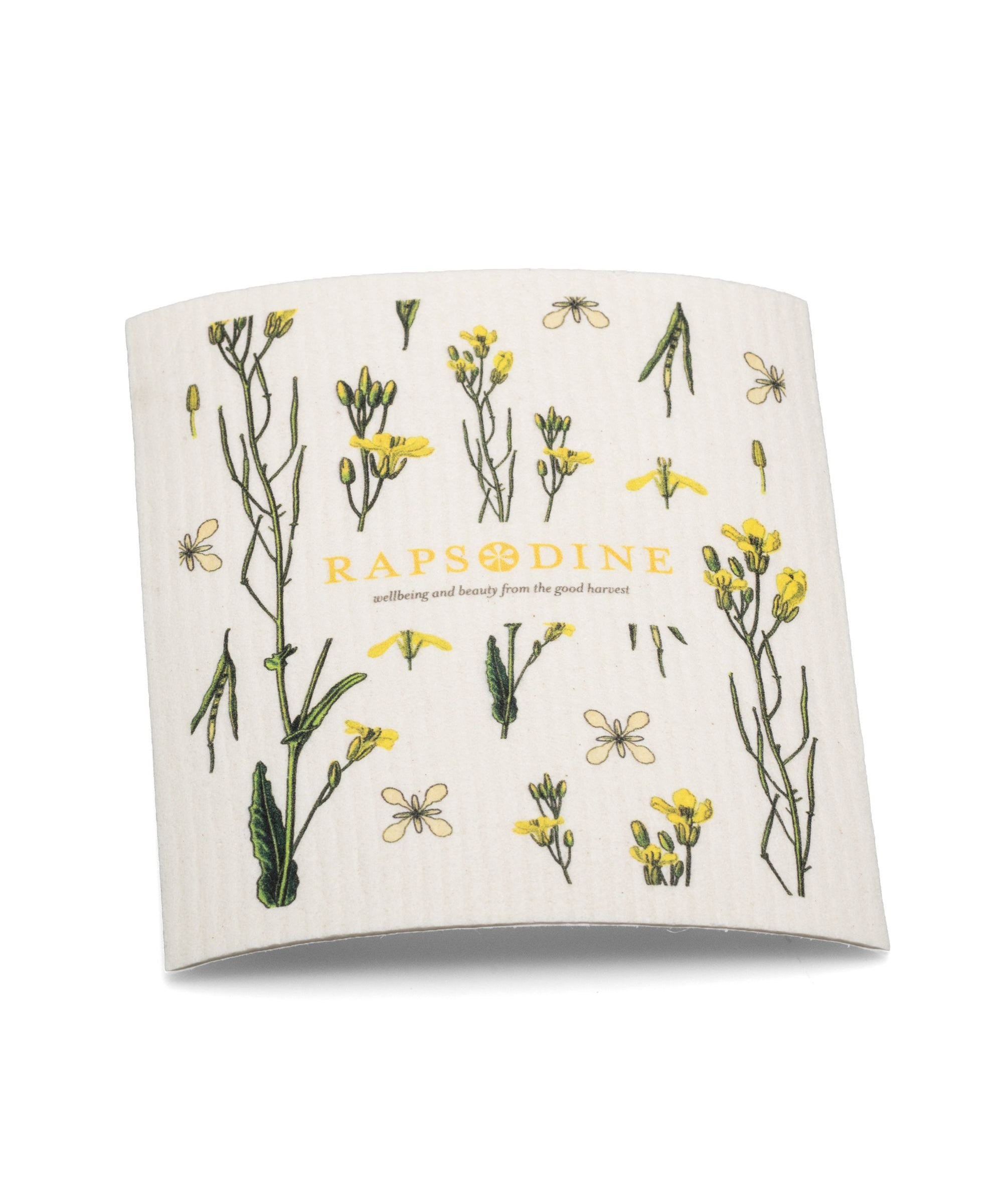 Disktrasa från Rapsodine med gula rapsblommor och botaniska illustrationer i naturlig design