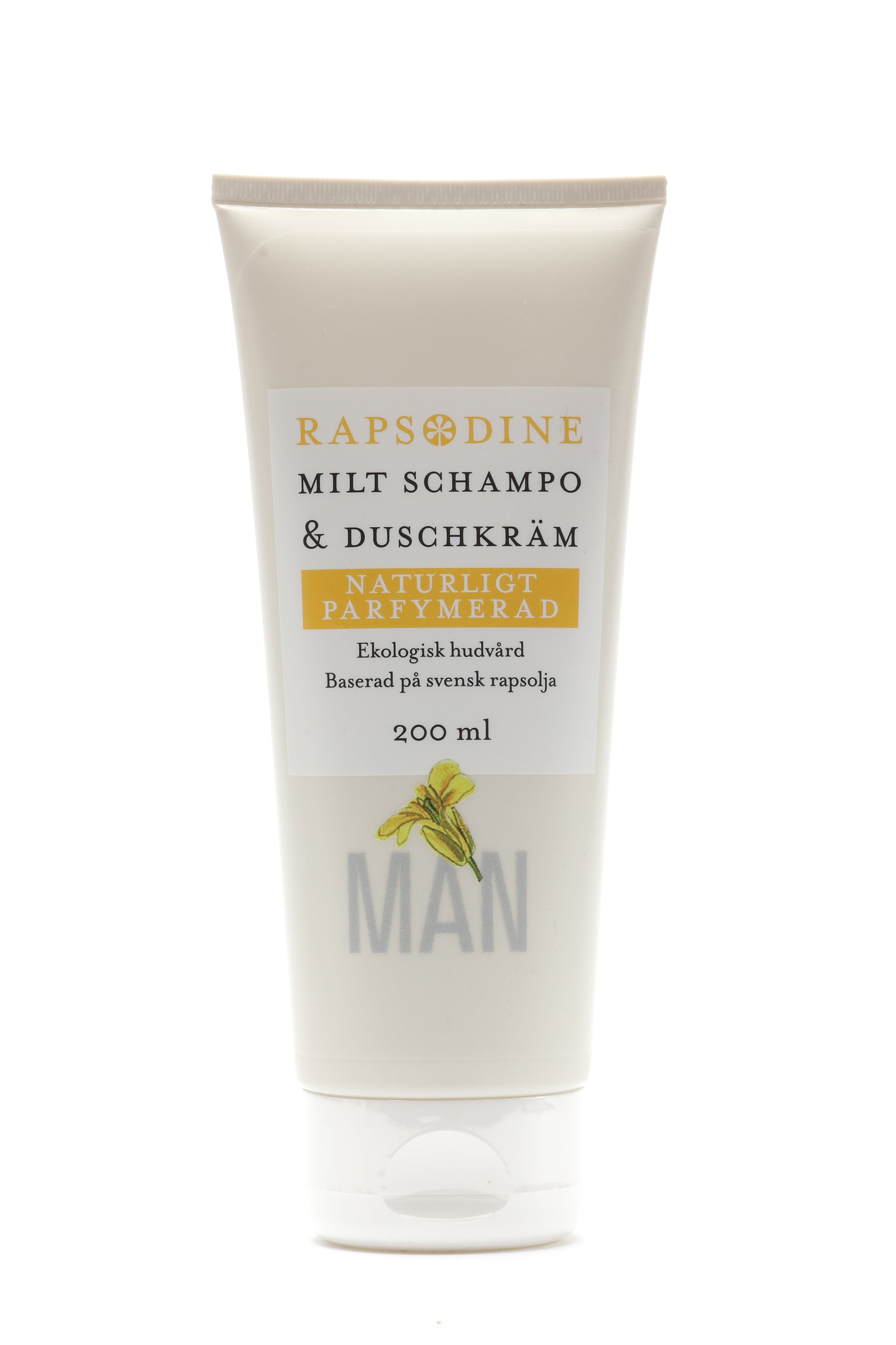 MAN Milt Schampo & Duschkräm, 200 ml naturligt parfymerad. Ekologisk hudvård baserad på svensk rapsolja från Rapsodine. 
