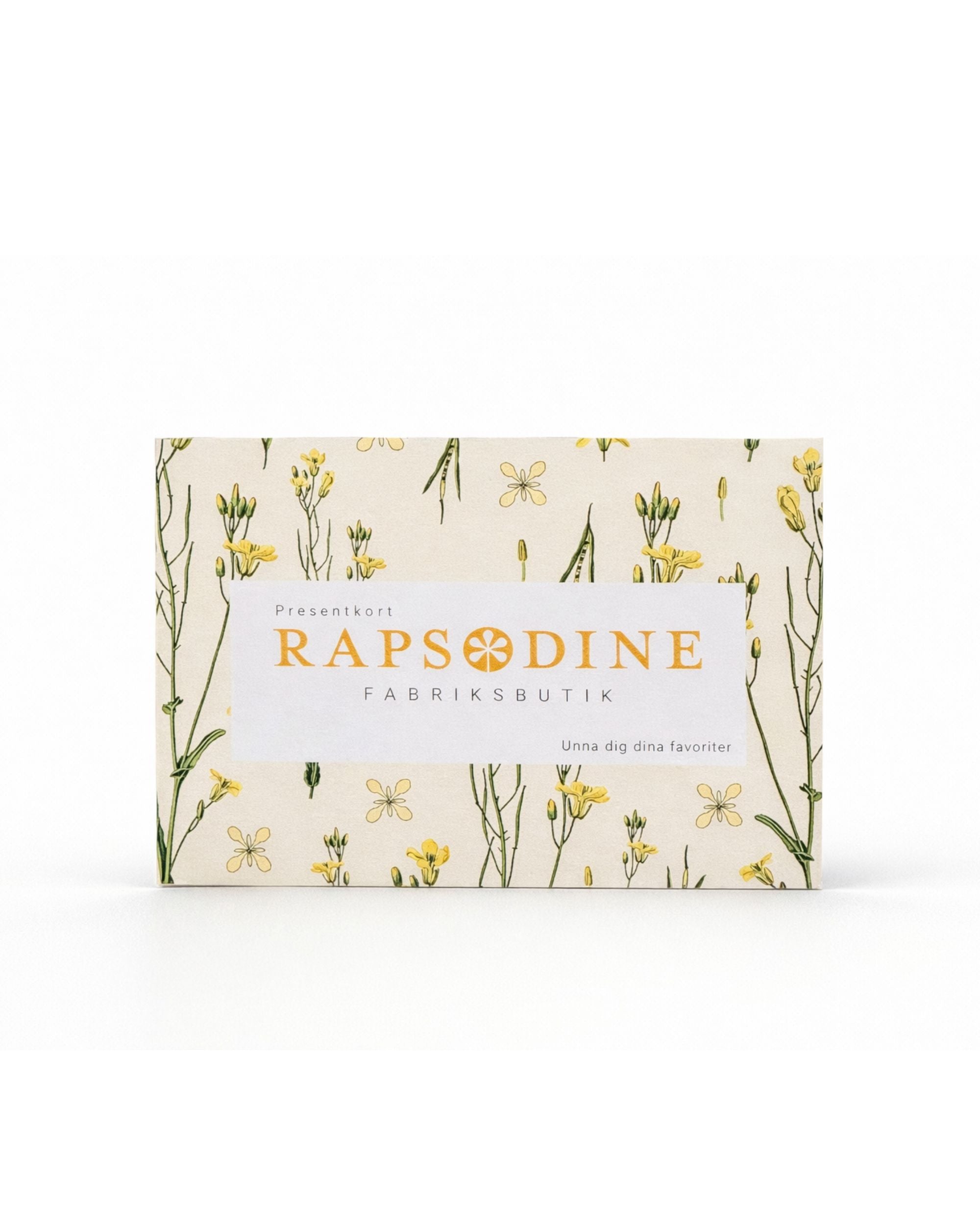 Presentkort från Rapsodine Fabriksbutik med mönster och gula rapsblommor i naturlig design