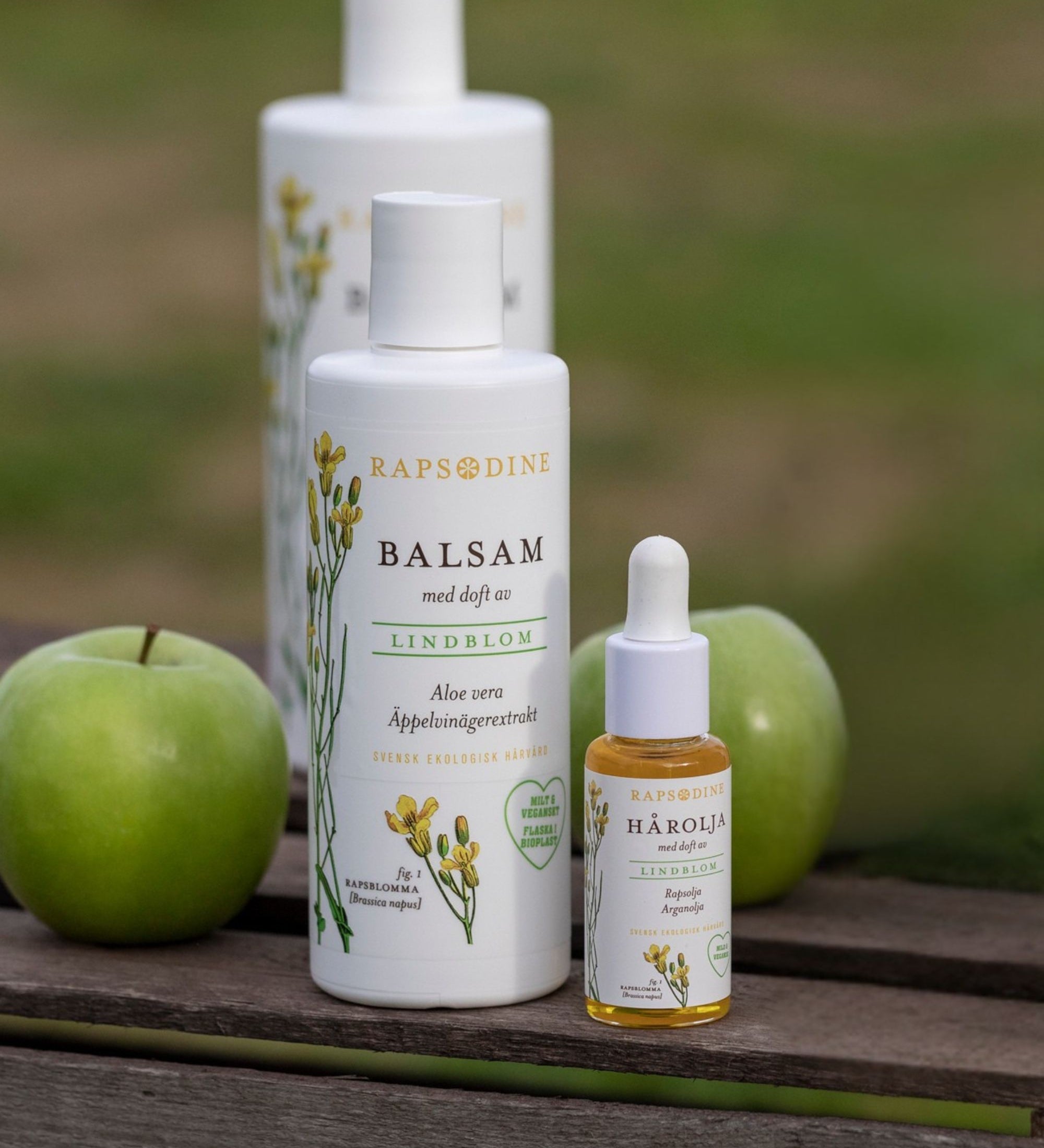 Ekologiskt balsam och hårolja med lindblom från Rapsodine med rapsolja och aloe vera, naturlig hårvård i utomhusmiljö