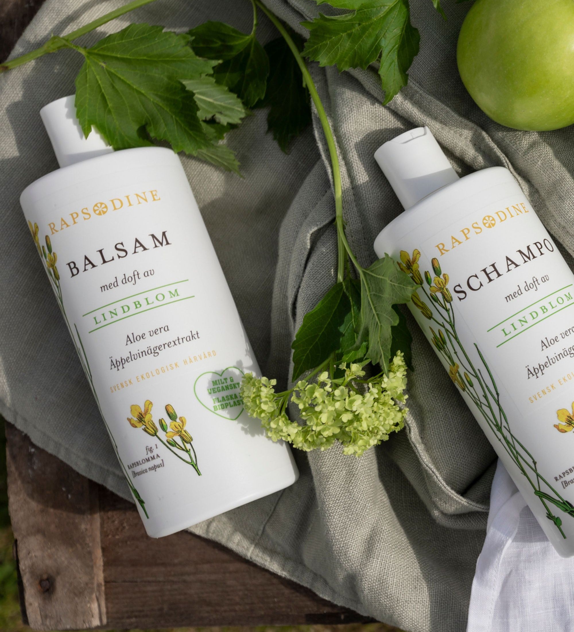 Ekologiskt schampo och balsam med lindblom från Rapsodine med rapsolja och aloe vera, naturlig hårvård i utomhusmiljö